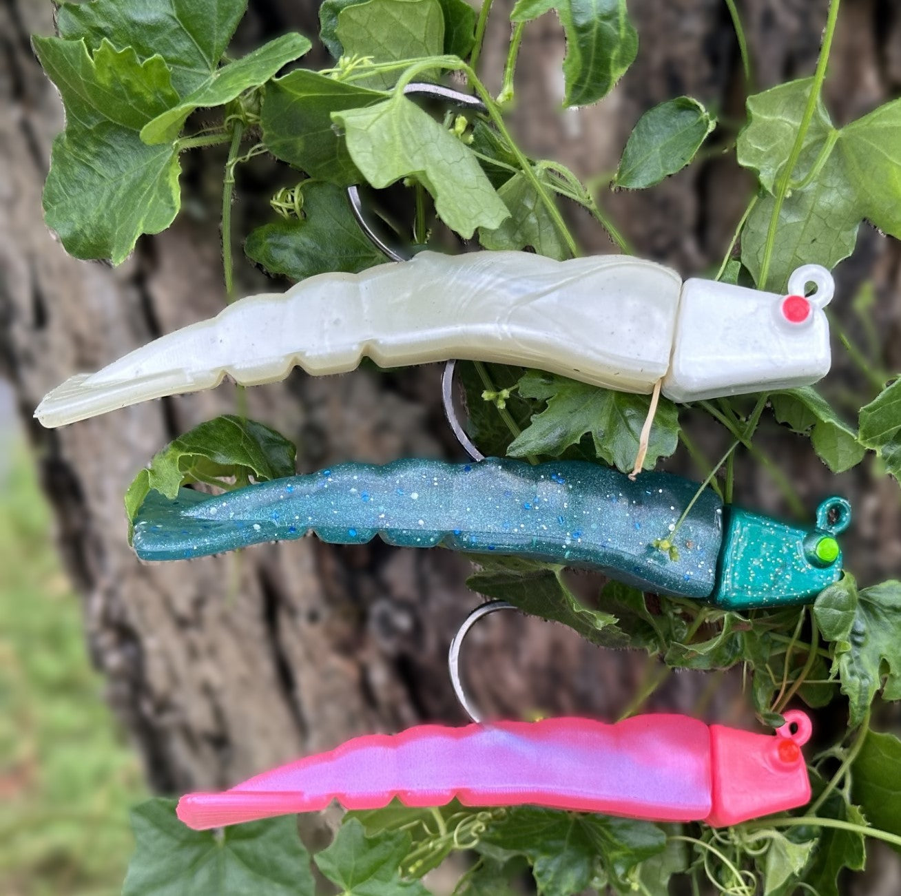R&R Tackle Co. | Premium Saltwater Fishing Tackle. 4 inch shrimp jighead and tail in flamingo, aqua and pearl.