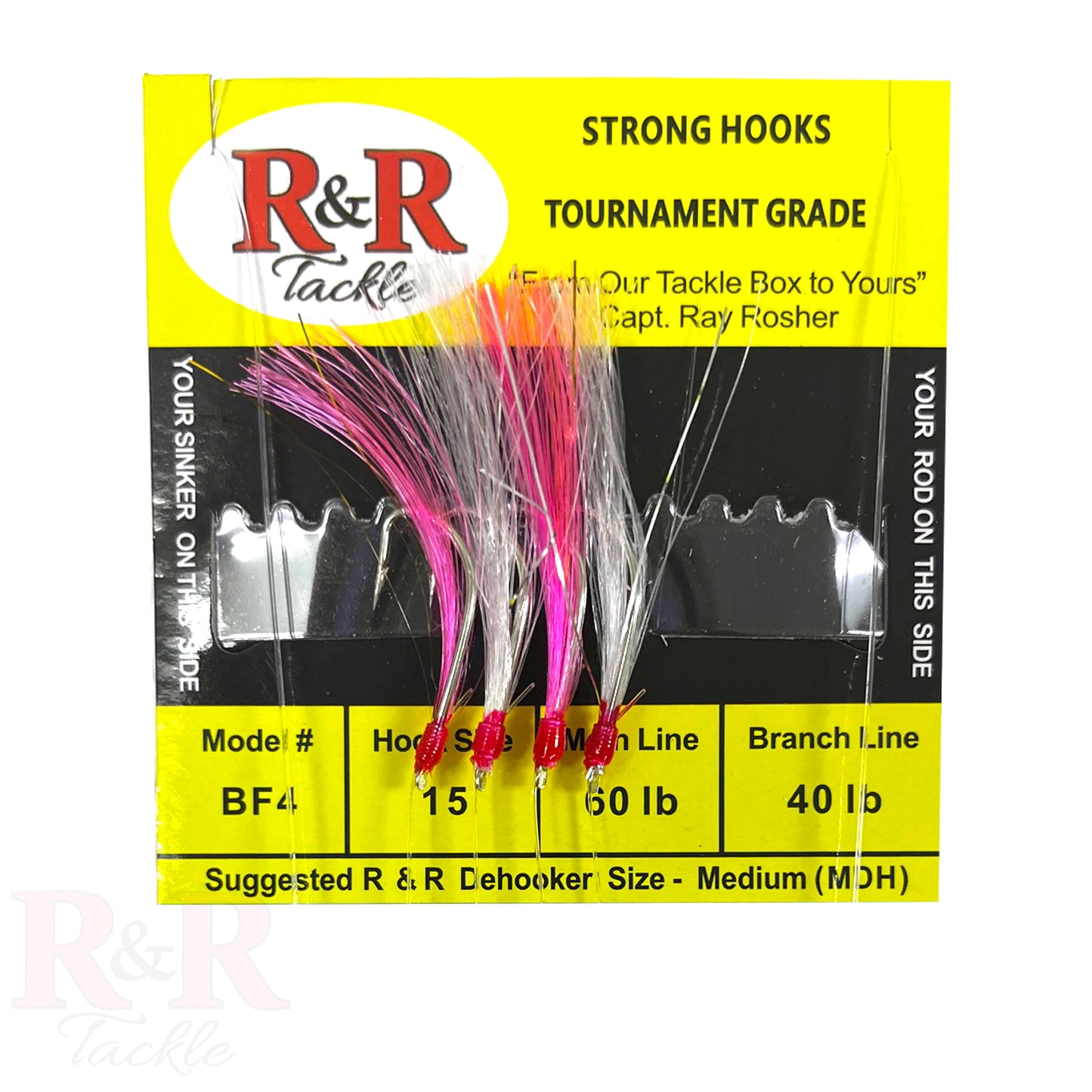 The BF4 bait rig, has red and silver feathers hand tied rigs, Size 15 mustad hook, 60lb main line with a 40lb branch line.
Bait rigs, Blue runner, Saltwater rigs, Charter boat, Ray Rosher.