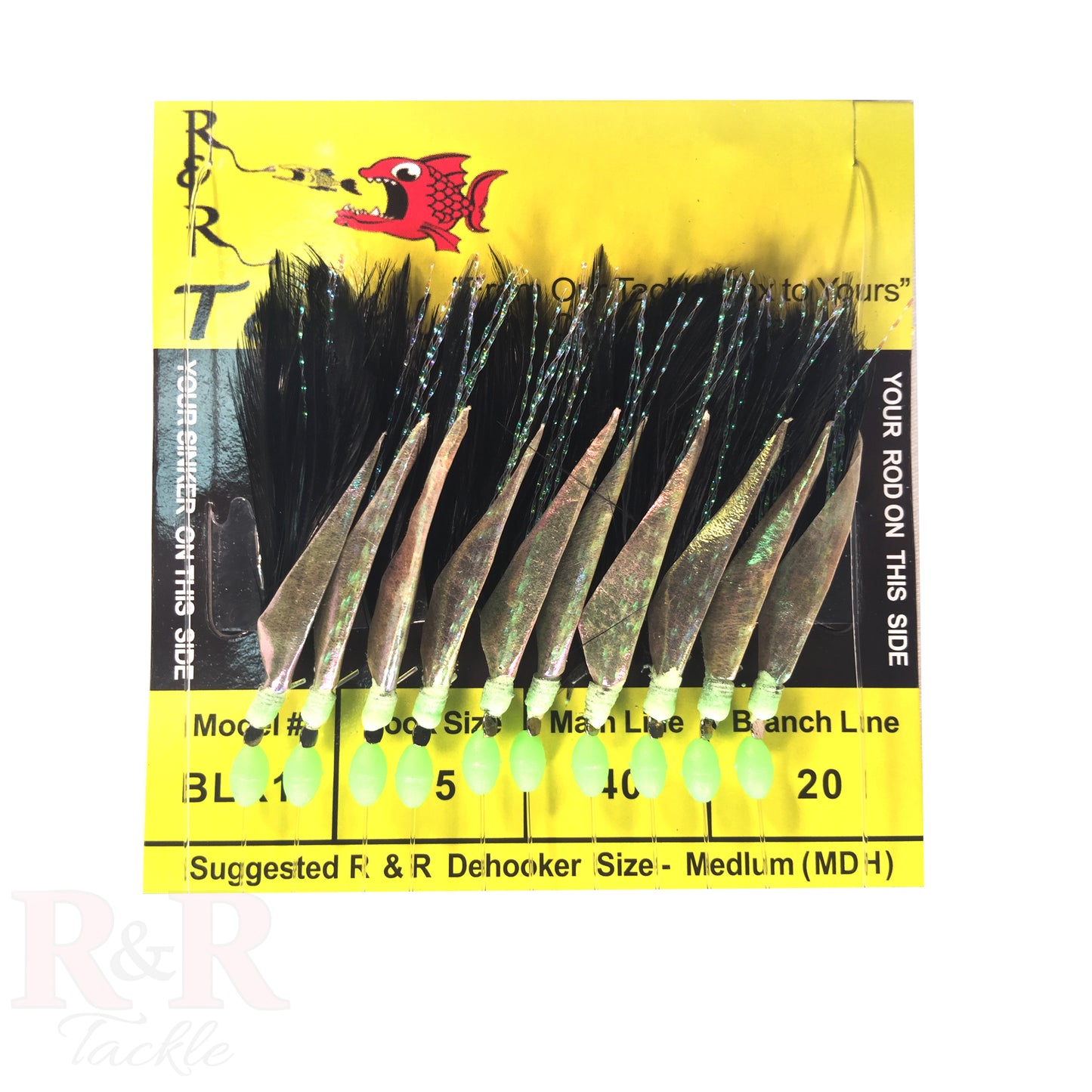 The R&R hand tied sabiki has green glow beads, and a green collar with flash and black feathers, size 15 Mustad hook, 40lb main line, and a 20lb branch line. Sabiki rig, bait fishing, Live bait, Offshore fishing, Tackle store, Ray Rosher.