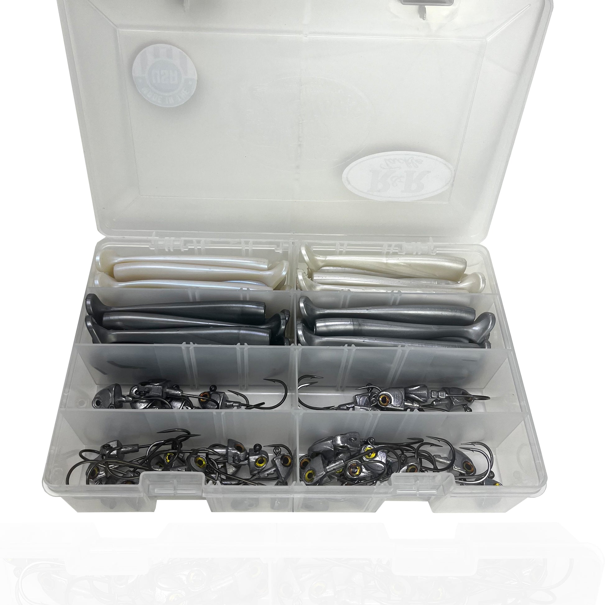 R&R Tackle Co. | Premium Saltwater Fishing Tackle. Bulk Tackle box with swimbaits and jig heads.