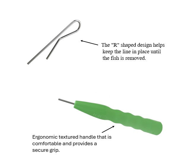 Dehooker - R&R Tackle Co. | Premium Saltwater Fishing Tackle. "R" Shaped Stainless Steel Design: Helps keep the line in place until the fish is removed. This unique design is perfect for quick and efficient unhooking. Durable Plastic Handle: Provides a comfortable and secure grip, ensuring better control while handling the tool. The ergonomic design makes unhooking faster and easier.