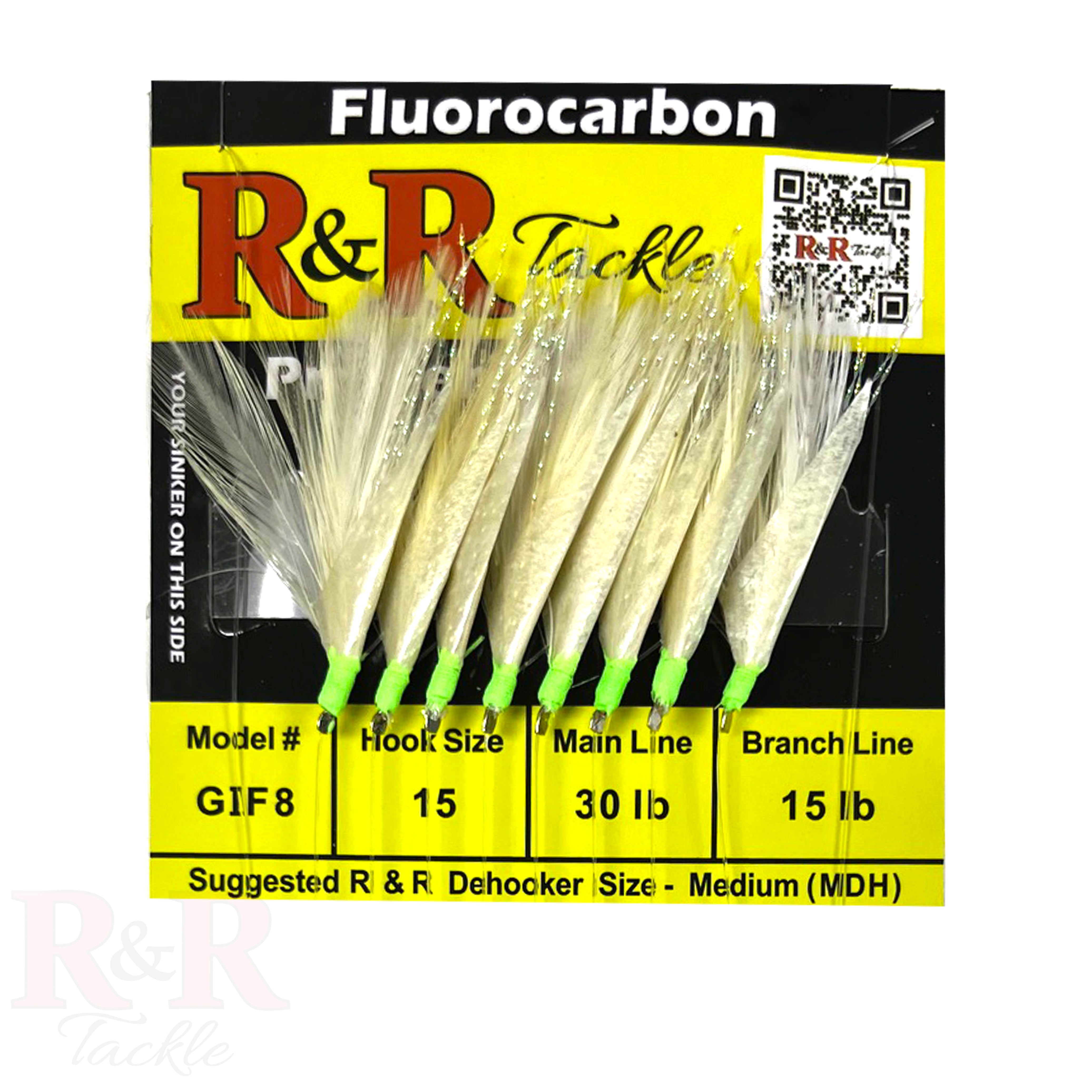 GIF8 Fluorocarbon bait rigs - 8 (Size 15) hooks with white feather & g – R&R Tackle Co