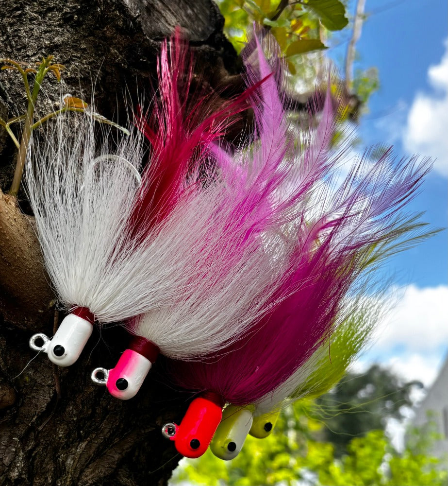 Heavy-Duty Bucktail Jigs - R&R Tackle Co. | Premium Saltwater Fishing Tackle. Specifically designed for a variety of marine fishing applications, these jigs stand out for their hand-tied construction, ensuring superior performance with every use.