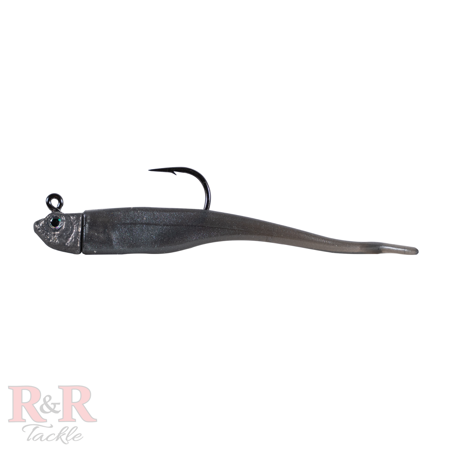 Minnow_Fluke_Tail- Grey- R&R Tackle Co. | Premium Saltwater Fishing Tackle. A side view of a rigged grey -colored Jerkbait designed to resemble a minnow, featuring a streamlined, elongated body with a split tail. The bait boasts a translucent, shiny surface with a gentle glimmer, making it perfect for enticing predatory fish such as snook, tarpon, redfish, and trout.