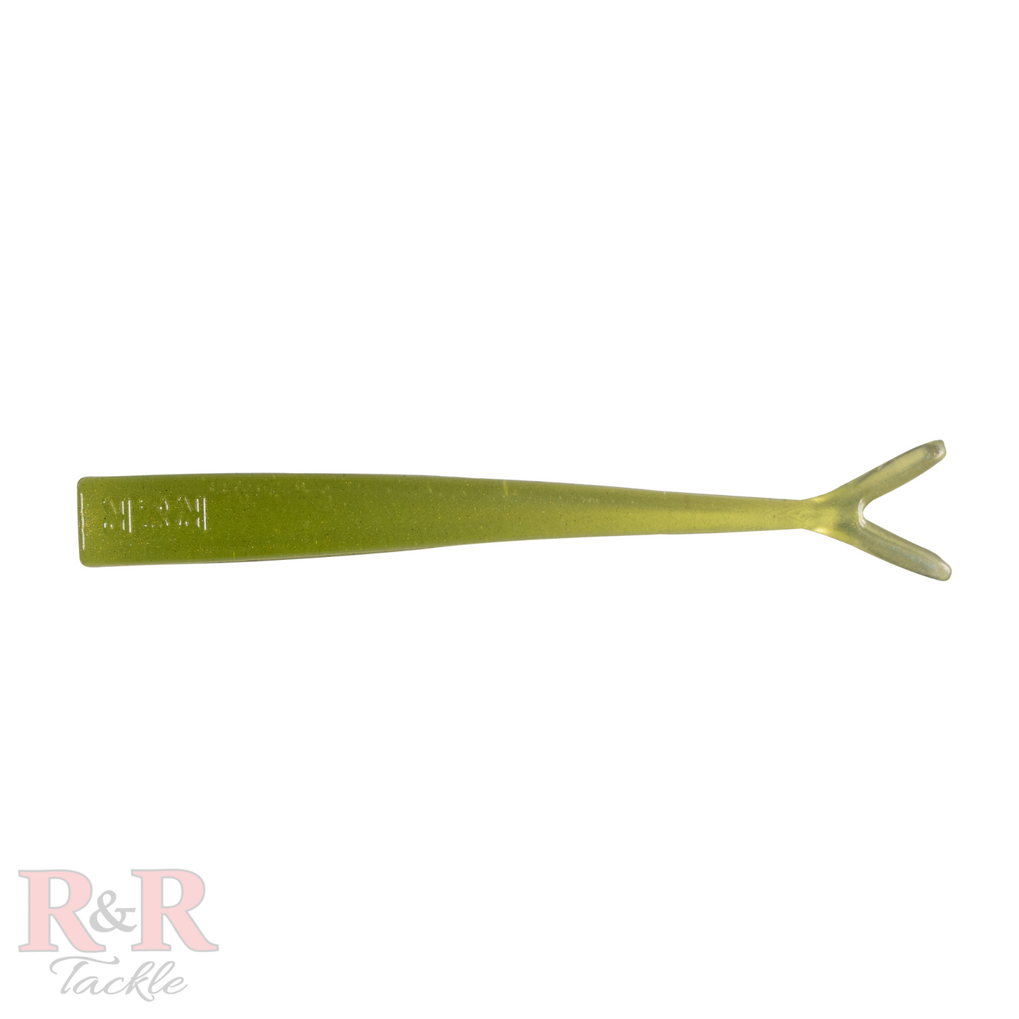 Minnow_Fluke_Tail-Olive-R&R Tackle Co. | Premium Saltwater Fishing Tackle. A top shot of a Jerkbait designed to resemble a minnow, featuring a sleek, elongated shape with a forked tail. The bait is translucent with a delicate sparkle, making it highly effective for luring predator species such as snook, tarpon, redfish, and trout.