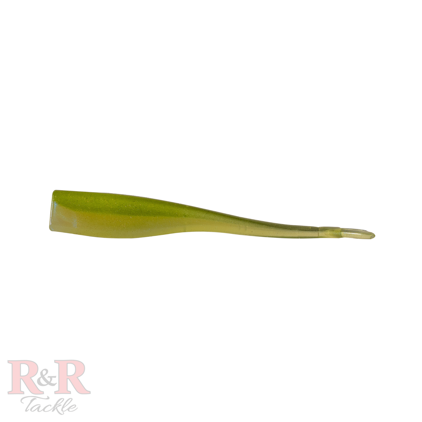 Minnow_Fluke_Tail-Olive- R&R Tackle Co. | Premium Saltwater Fishing Tackle. A side shot of a Jerkbait designed to resemble a minnow, featuring a sleek, elongated shape with a forked tail. The bait is translucent with a delicate sparkle, making it highly effective for luring predator species such as snook, tarpon, redfish, and trout.