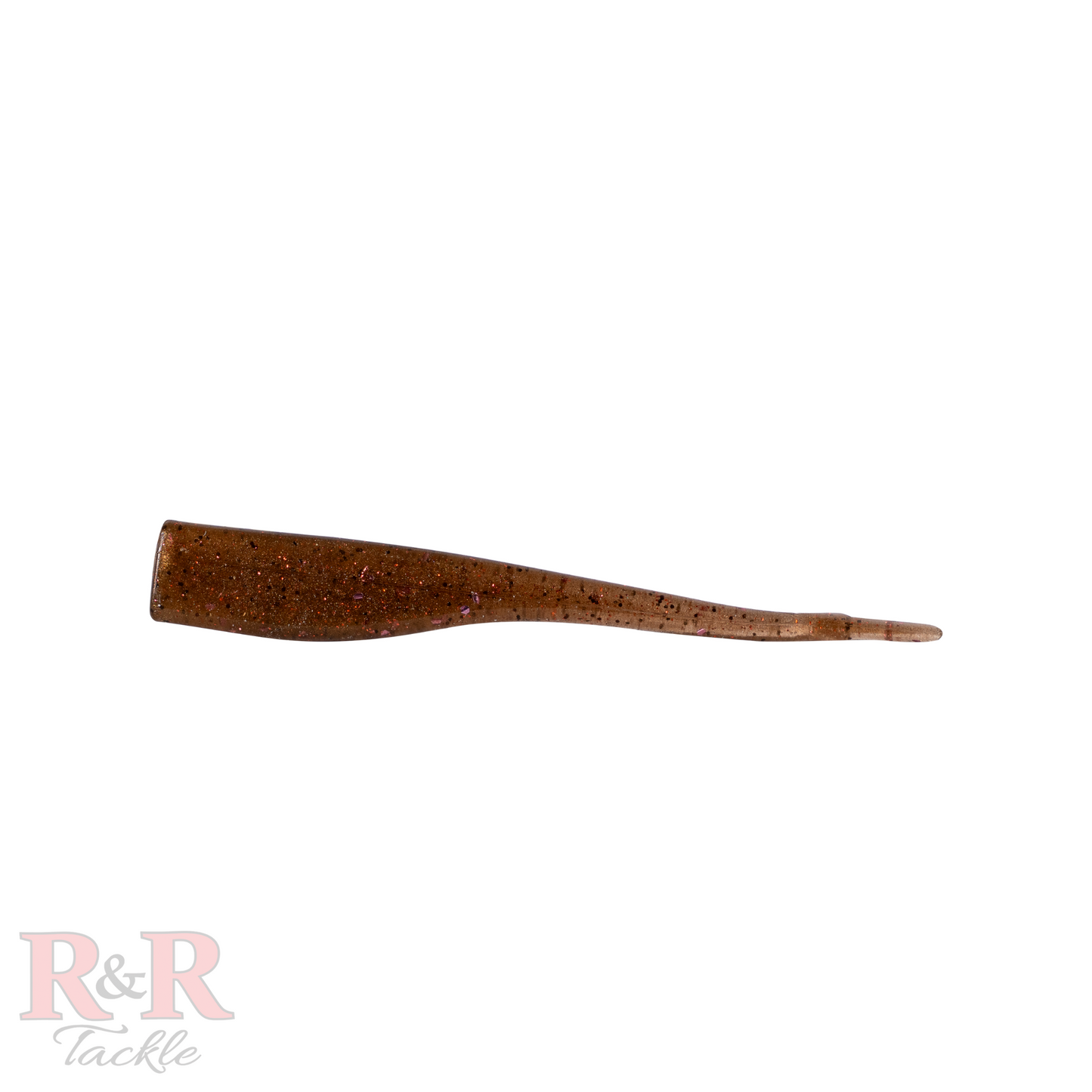 Minnow_Fluke_Tail-Root Beer- R&R Tackle Co. | Premium Saltwater Fishing Tackle. A side shot of a Jerkbait designed to mimic a minnow, featuring a soft, elongated body with a split tail. The bait is transparent with a subtle shimmer, ideal for attracting predatory fish like snook, tarpon, redfish, and trout.