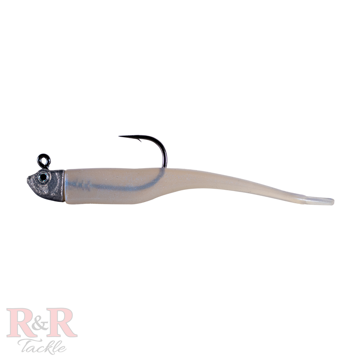 Minnow_Fluke_Tail-Hi - Lite blue - R&R Tackle Co. | Premium Saltwater Fishing Tackle. A side view of a rigged Olive-colored Jerkbait that imitates a minnow, highlighting its smooth, elongated body with a forked tail. The bait has a clear, glossy finish with a subtle sparkle, making it an excellent choice for attracting predator species like snook, tarpon, redfish, and trout.