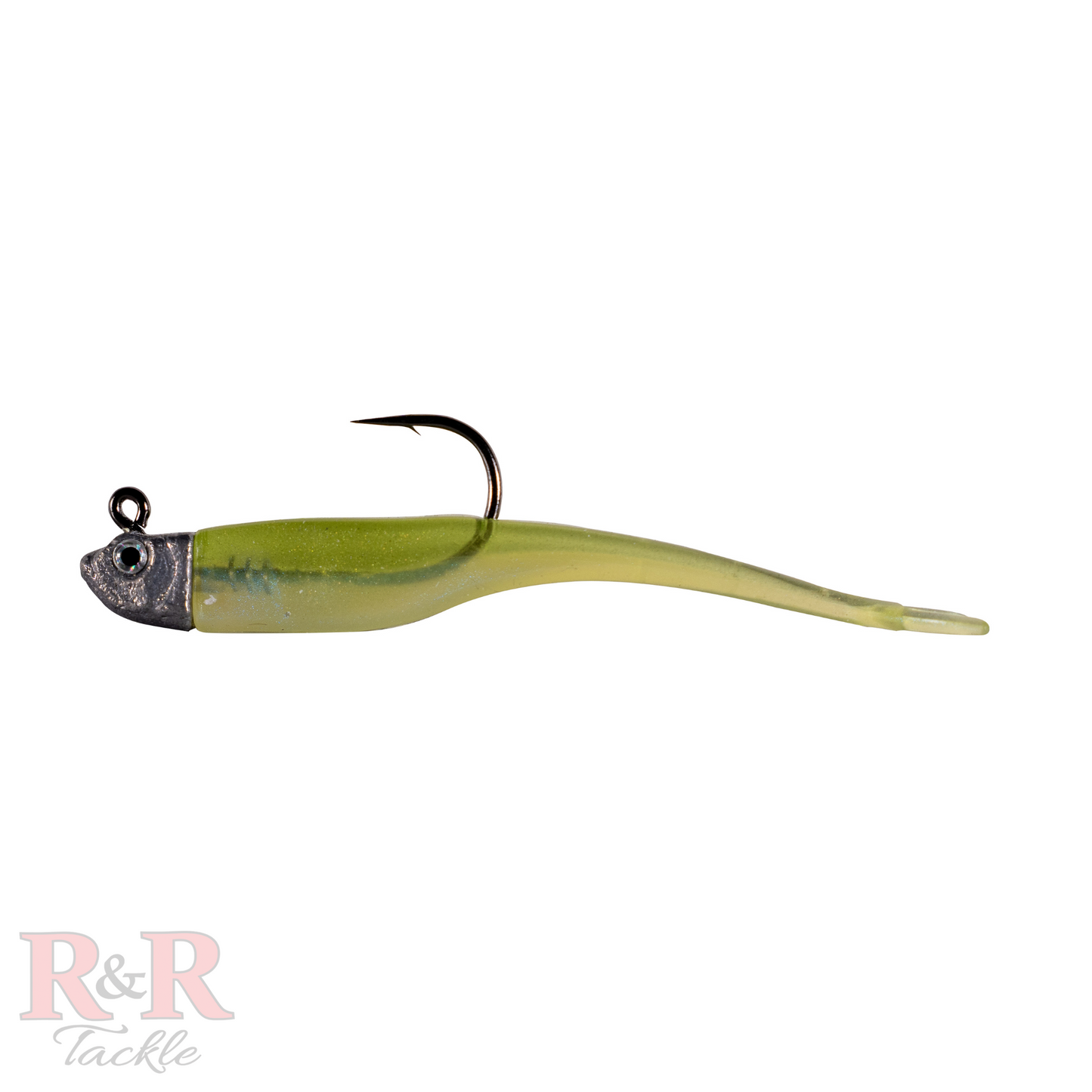 Minnow_Fluke_Tail-Olive - R&R Tackle Co. | Premium Saltwater Fishing Tackle. A side view of a rigged Olive-colored Jerkbait designed to mimic a minnow, showcasing its sleek, elongated shape with a split tail. The bait features a translucent, glossy finish with a soft shimmer, making it highly effective for targeting predator fish such as snook, tarpon, redfish, and trout.