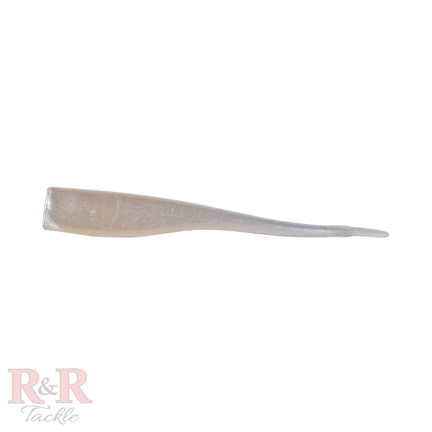 Minnow_Fluke_Tail-Pearl - R&R Tackle Co. | Premium Saltwater Fishing Tackle. A side shot of a Pearl-colored Jerkbait crafted to imitate a minnow, featuring a smooth, elongated design with a split tail. The bait has a translucent, glossy finish with a subtle shimmer, making it ideal for attracting predatory species like snook, tarpon, redfish, and trout.