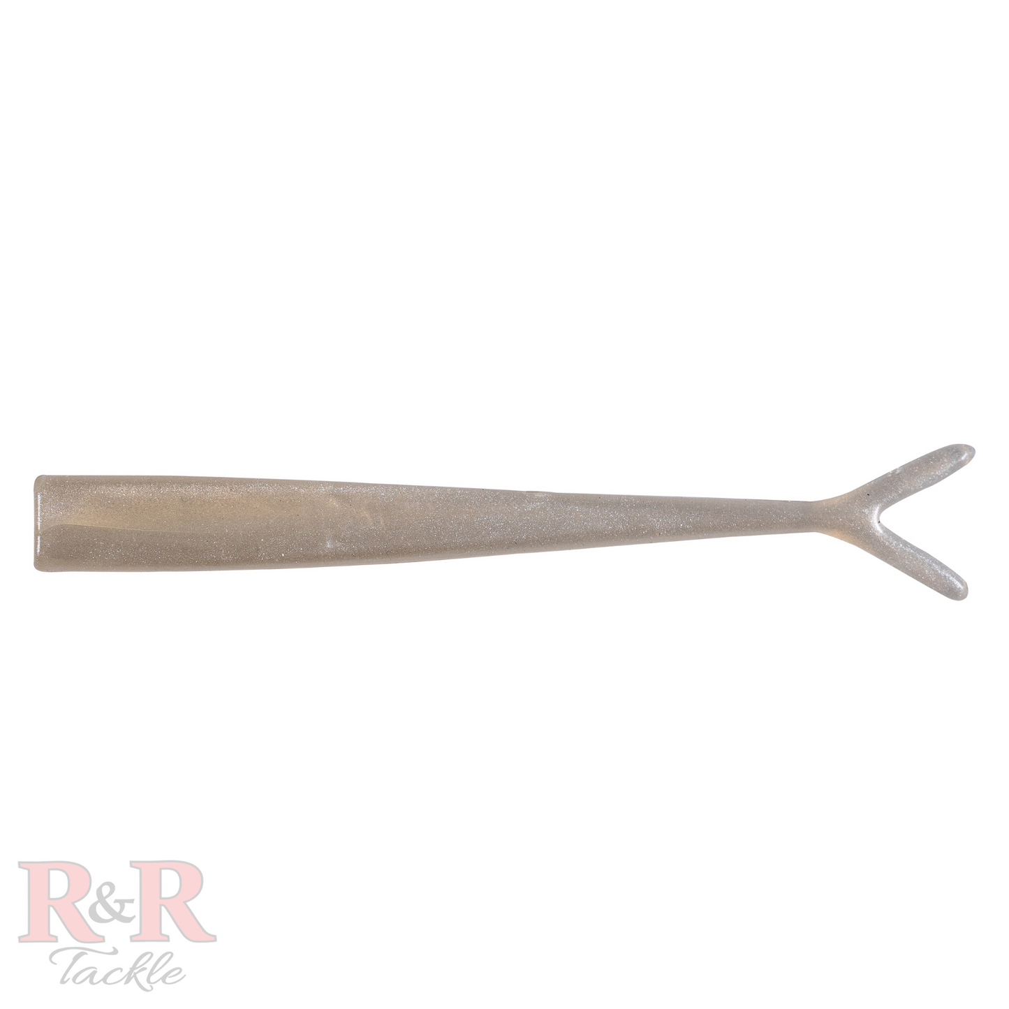 Minnow_Fluke_Tail-Pearl - R&R Tackle Co. | Premium Saltwater Fishing Tackle. A top shot of a Pearl-colored Jerkbait crafted to imitate a minnow, featuring a smooth, elongated design with a split tail. The bait has a translucent, glossy finish with a subtle shimmer, making it ideal for attracting predatory species like snook, tarpon, redfish, and trout.