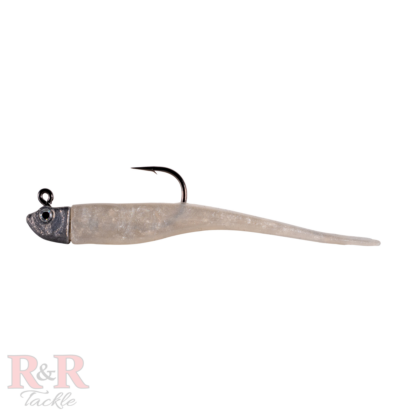 Minnow_Fluke_Tail-Pearl - R&R Tackle Co. | Premium Saltwater Fishing Tackle. A side view of a rigged Pearl-colored Jerkbait designed to resemble a minnow, featuring a streamlined, elongated body with a split tail. The bait boasts a translucent, shiny surface with a gentle glimmer, making it perfect for enticing predatory fish such as snook, tarpon, redfish, and trout.