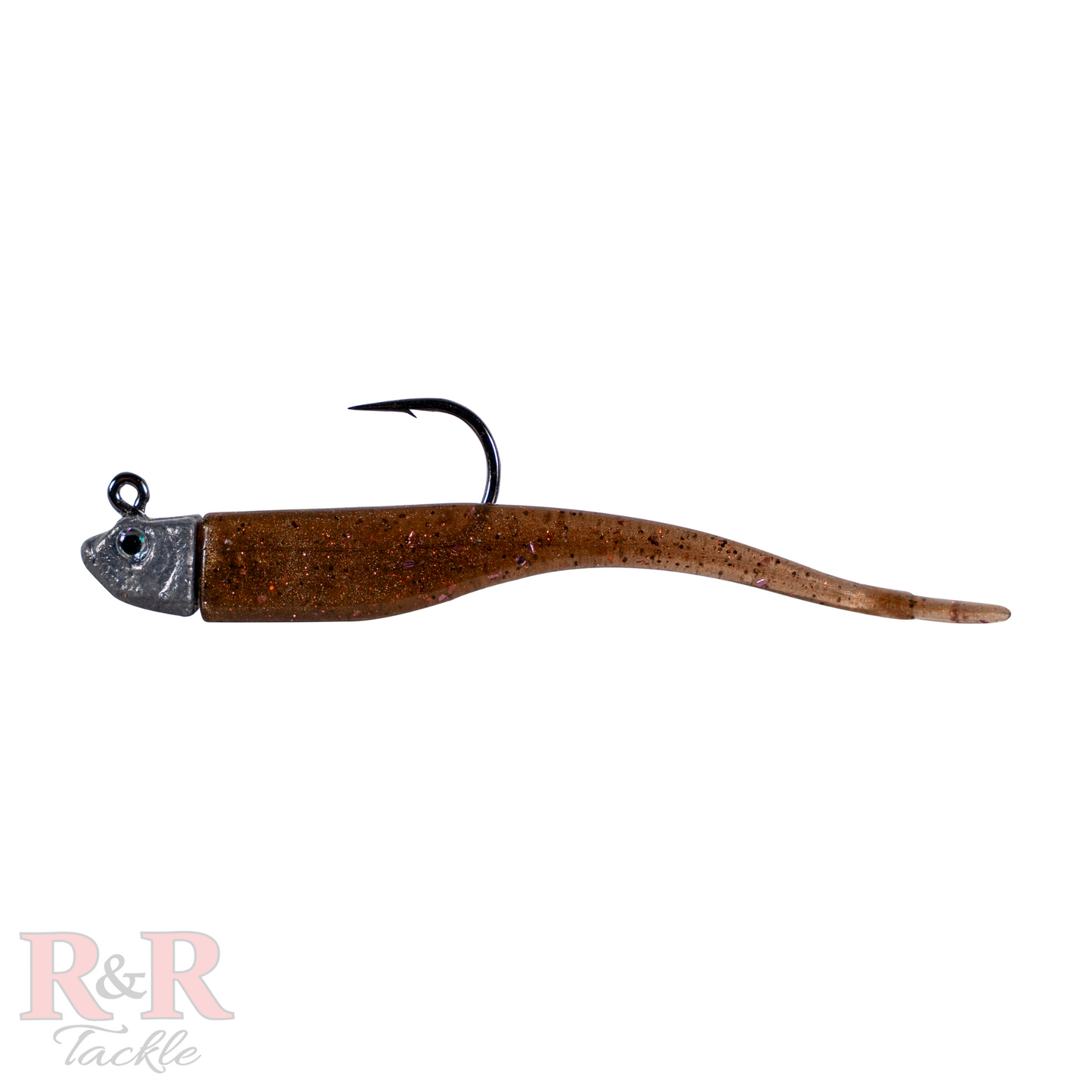 Minnow_Fluke_Tail-Root Beer - R&R Tackle Co. | Premium Saltwater Fishing Tackle. A side view of a rigged Root Beer-colored Jerkbait designed to resemble a minnow, featuring a streamlined, elongated body with a split tail. The bait boasts a translucent, shiny surface with a gentle glimmer, making it perfect for enticing predatory fish such as snook, tarpon, redfish, and trout.