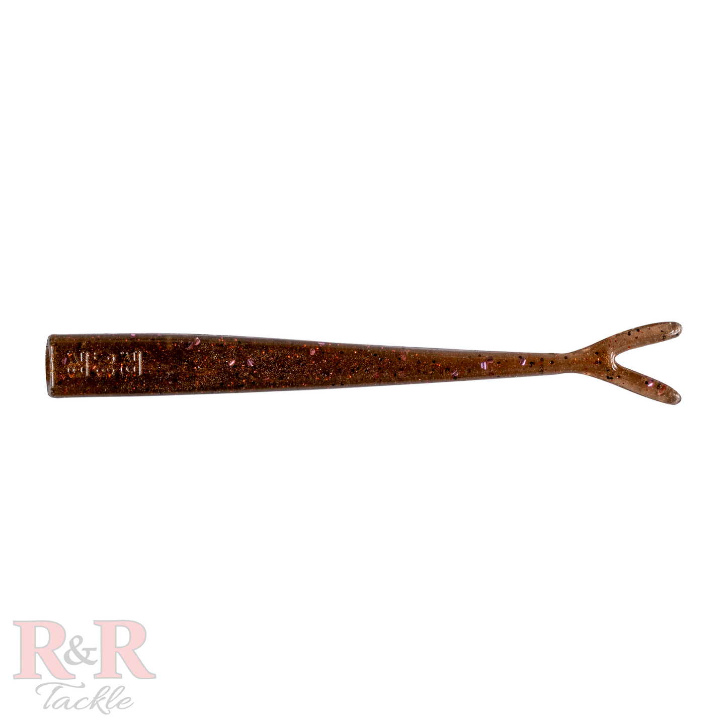 Minnow_Fluke_Tail-root beer - R&R Tackle Co. | Premium Saltwater Fishing Tackle. A top shot of a Jerkbait designed to mimic a minnow, featuring a soft, elongated body with a split tail. The bait is transparent with a subtle shimmer, ideal for attracting predatory fish like snook, tarpon, redfish, and trout.