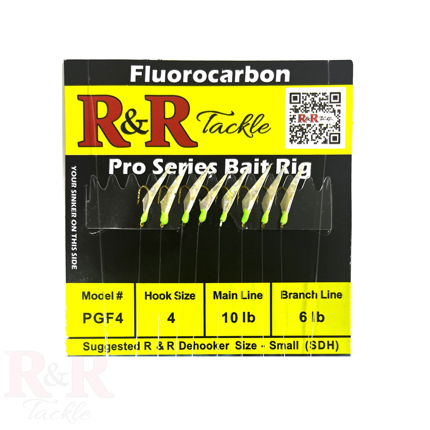 PGF 4 Tournament Series Fluorocarbon Bait Rigs - R&R Tackle Co. | Premium Saltwater Fishing Tackle. Ultra-sharp size 4, 6, or 8 hook with green head and realistic fish skin