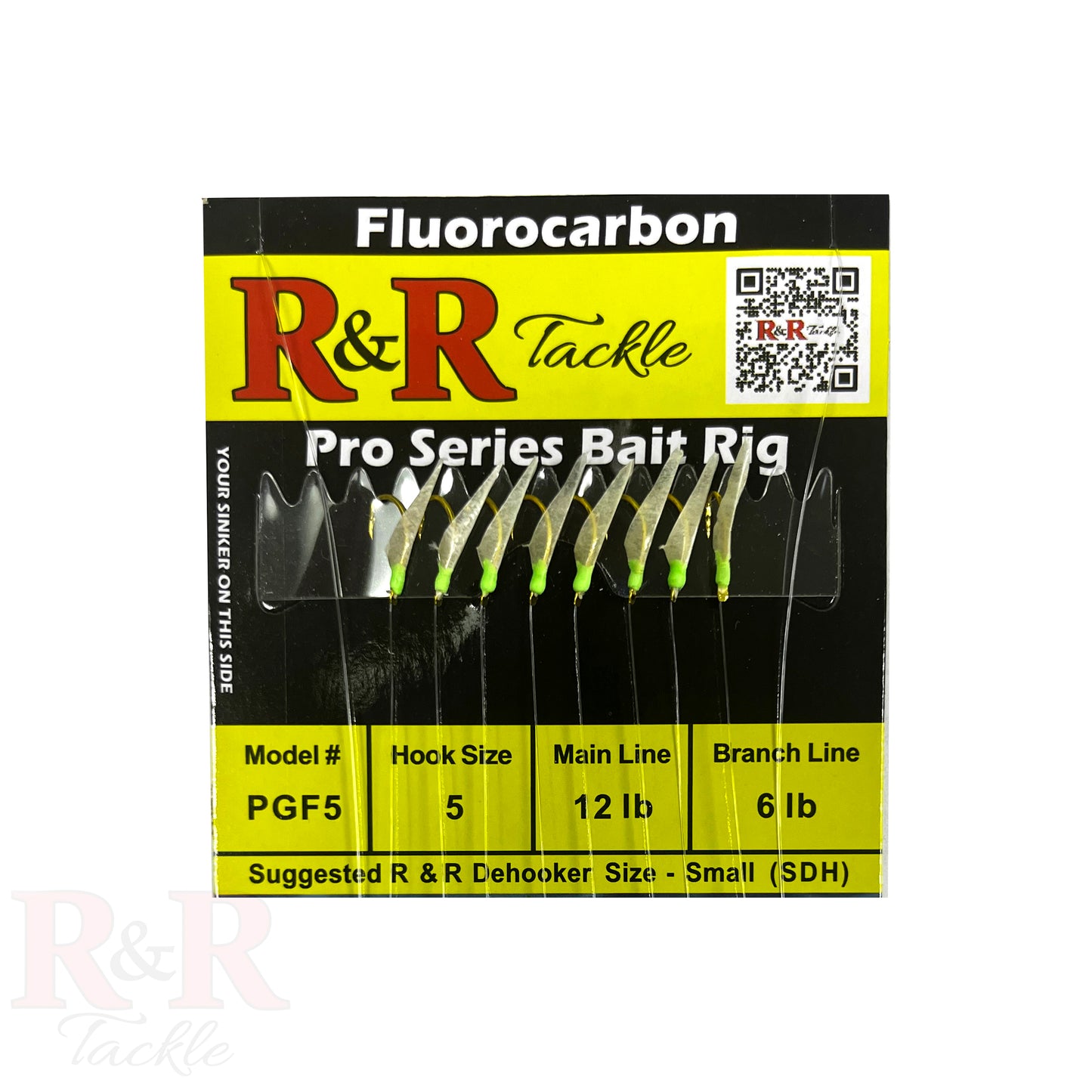 PGF 5 Pro Series Fluorocarbon Bait Rigs - R&R Tackle Co. | Premium Saltwater Fishing Tackle. Detail shot of green-headed Sabiki rig with fish skin and fluorocarbon line