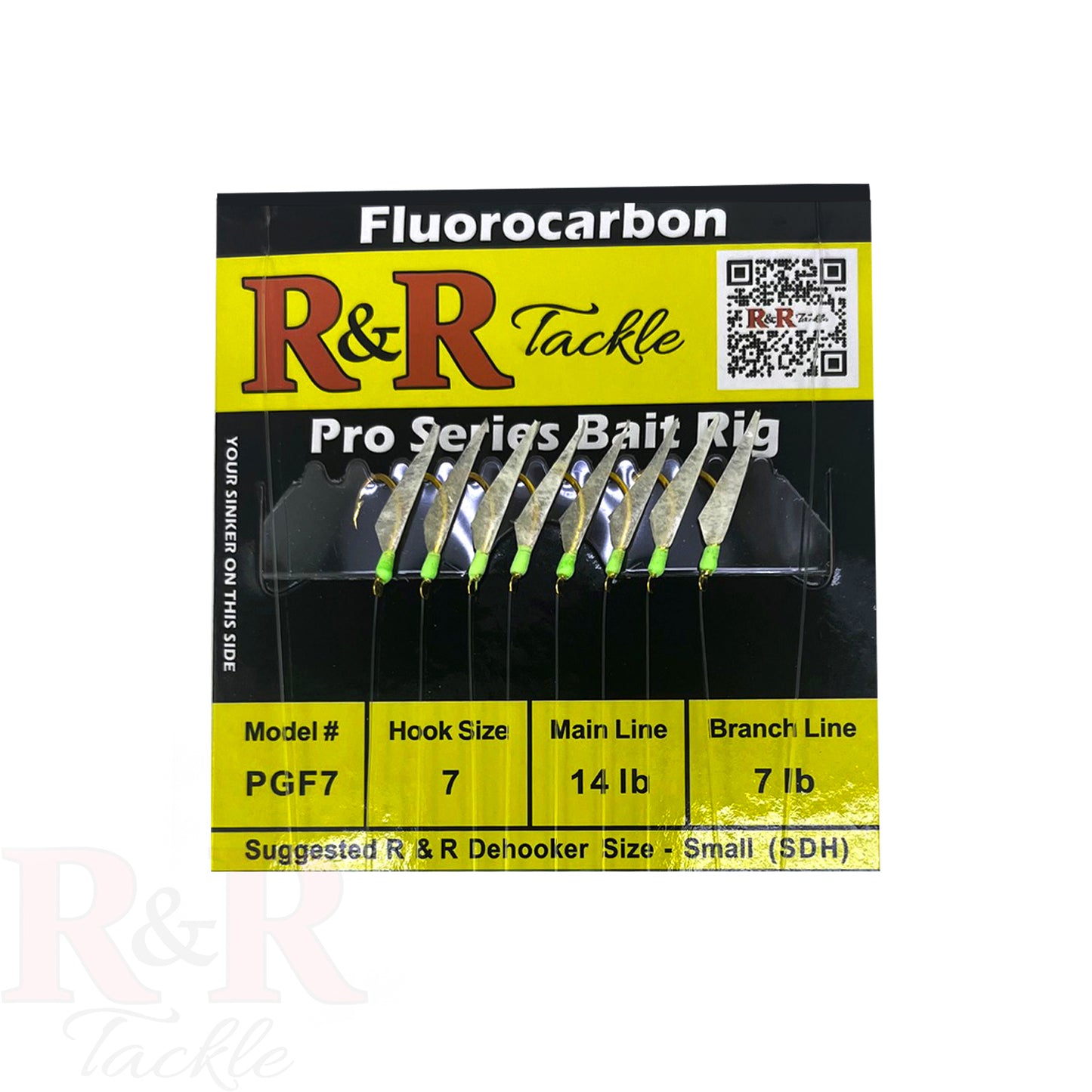 PGF 7 Pro Series Fluorocarbon Bait Rigs - R&R Tackle Co. | Premium Saltwater Fishing Tackle. R&R Tackle PGF Pro Series Sabiki Rig with 8 hooks, green head, and fish skin – fluorocarbon bait rig for saltwater fishing