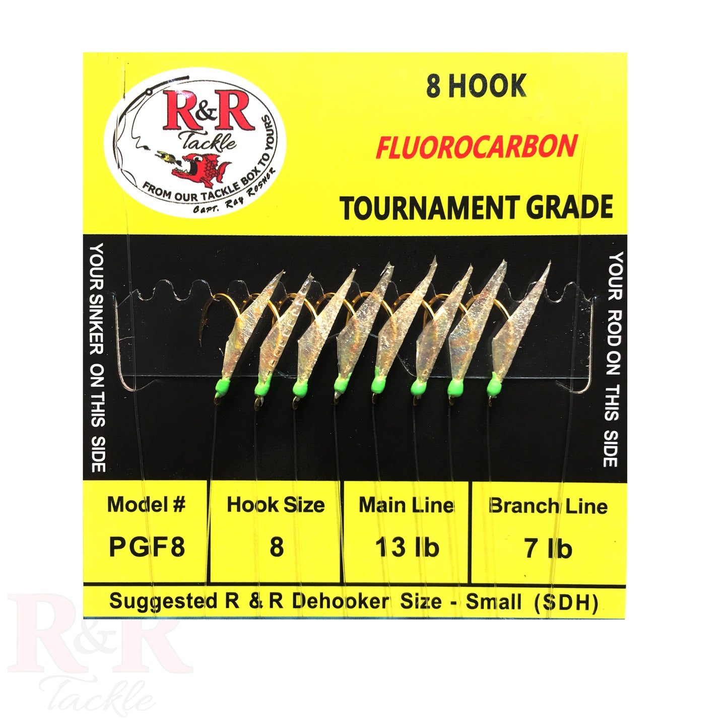PGF 8 Tournament Series Fluorocarbon Bait Rigs - R&R Tackle Co. | Premium Saltwater Fishing Tackle. PGF fluorocarbon bait rig with 8 green head hooks and fish skin for bait fishing