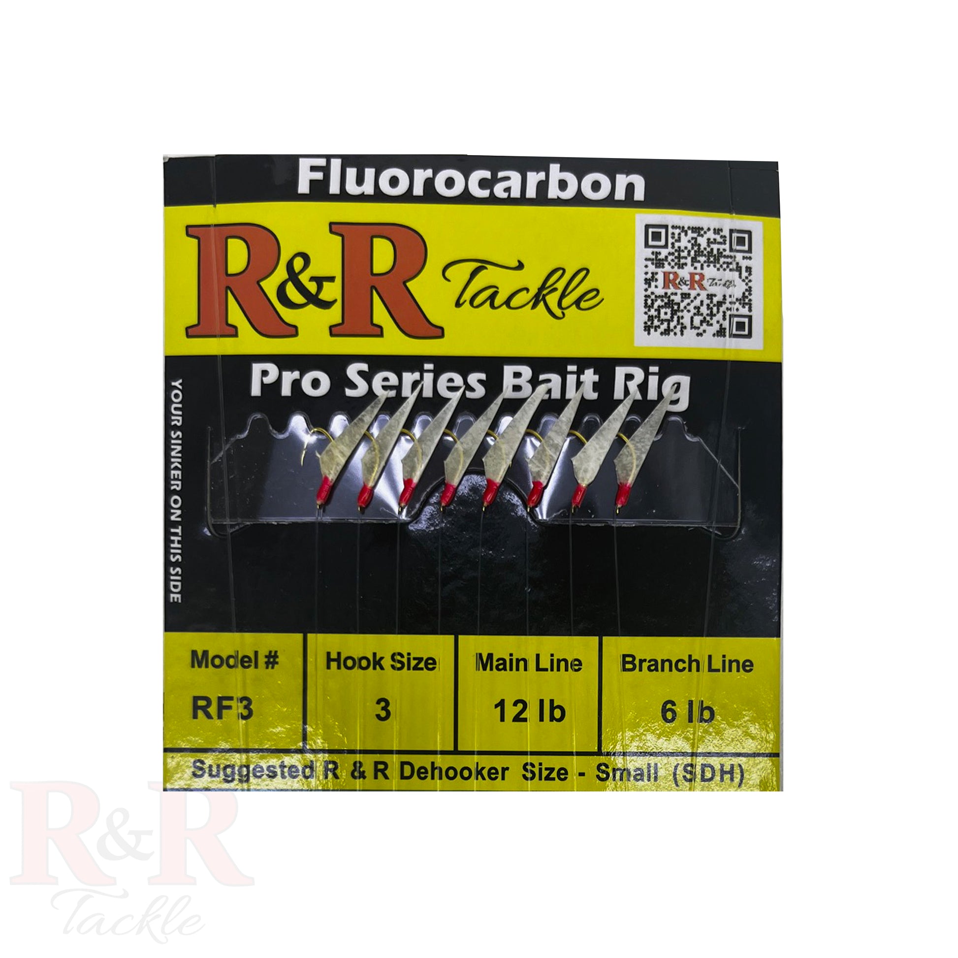 RF 3 R&R Tackle Co. | Premium Saltwater Fishing Tackle. RF Fluorocarbon Pro Series bait rig with 8 red head fish skin hooks and fluorocarbon line