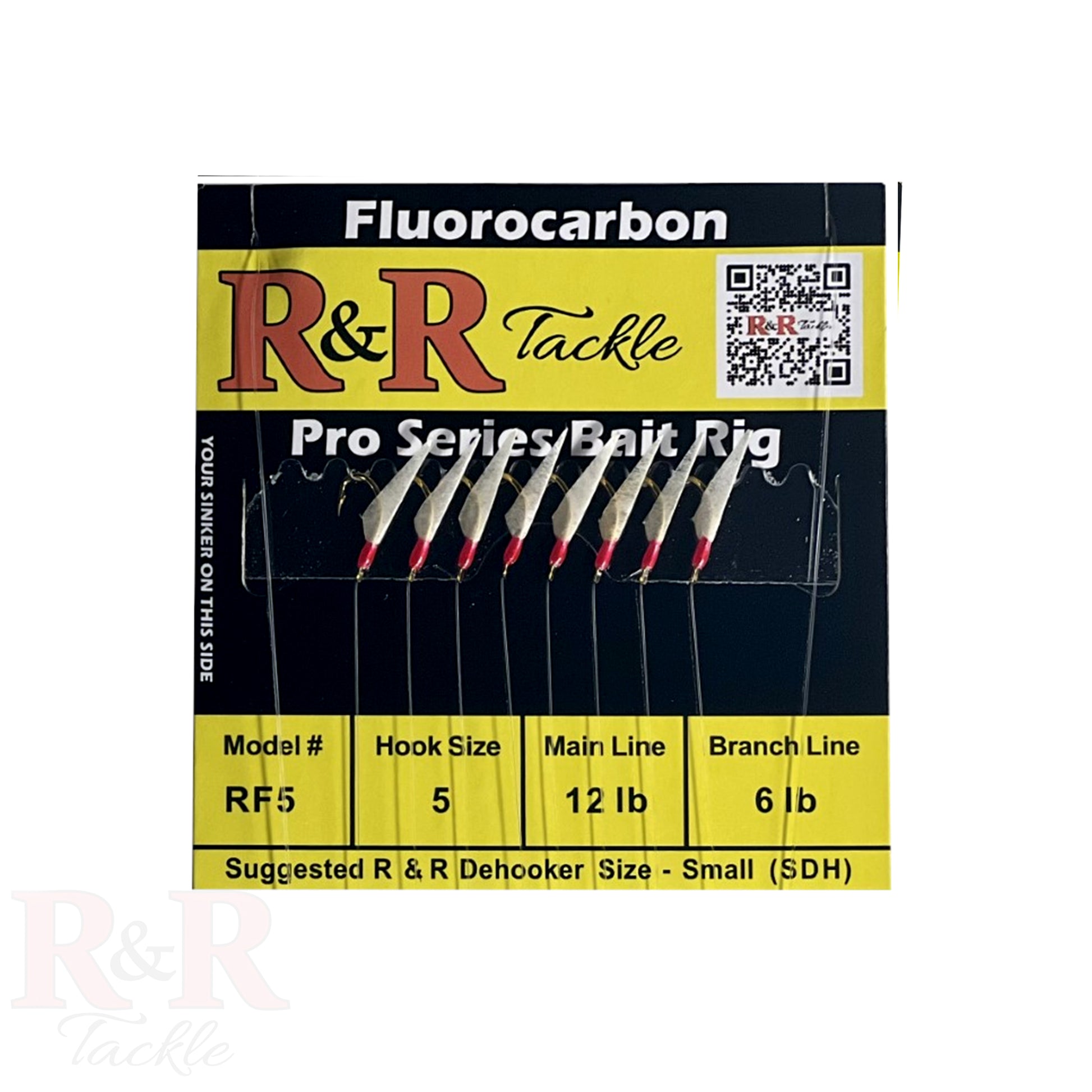 RF 5 R&R Tackle Co. | Premium Saltwater Fishing Tackle. Close-up of size 3, 5, or 7 red head hooks with lifelike fish skin on bait rig