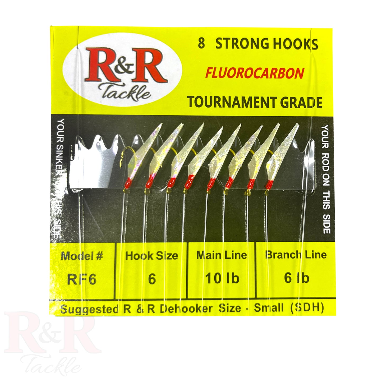 RF6 - R&R Tackle Co. | Premium Saltwater Fishing Tackle. Close-up of R&R RF6 Sabiki rig with fluorocarbon line and compact hook layout for catching live bait