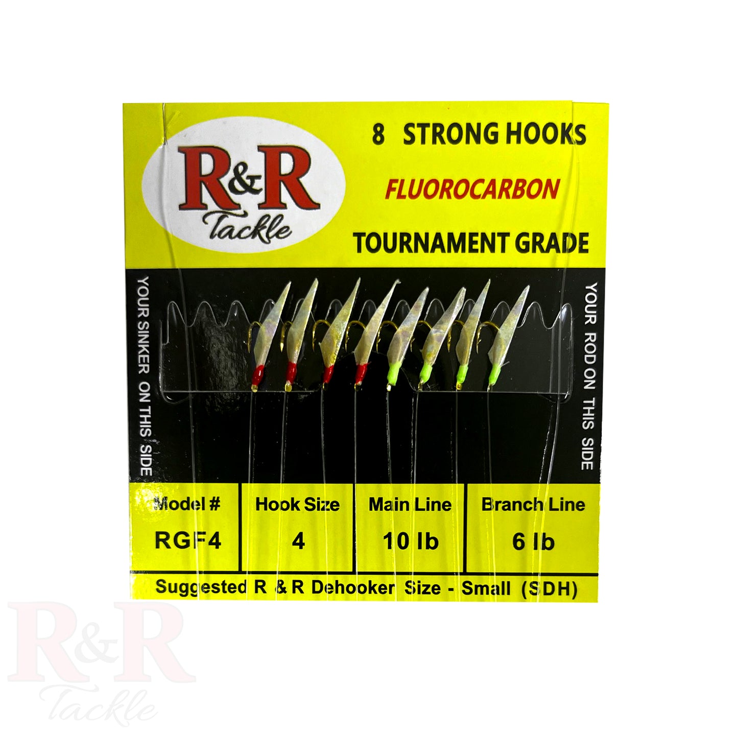 RGF 4 Tournament Fluorocarbon Bait Rig - R&R Tackle Co. | Premium Saltwater Fishing Tackle. Tournament-grade fluorocarbon bait rig with 8 size 4 or 6 fish skin hooks