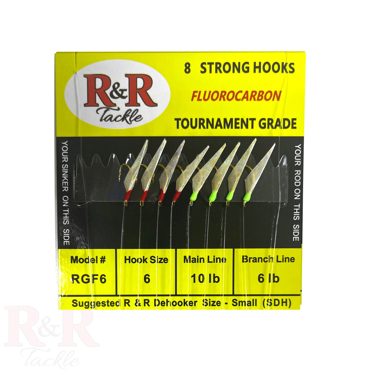 RGF6 Tournament Fluorocarbon Bait Rig - R&R Tackle Co. | Premium Saltwater Fishing Tackle. Red and green head fish skin hooks on RGF Tournament Grade bait rig