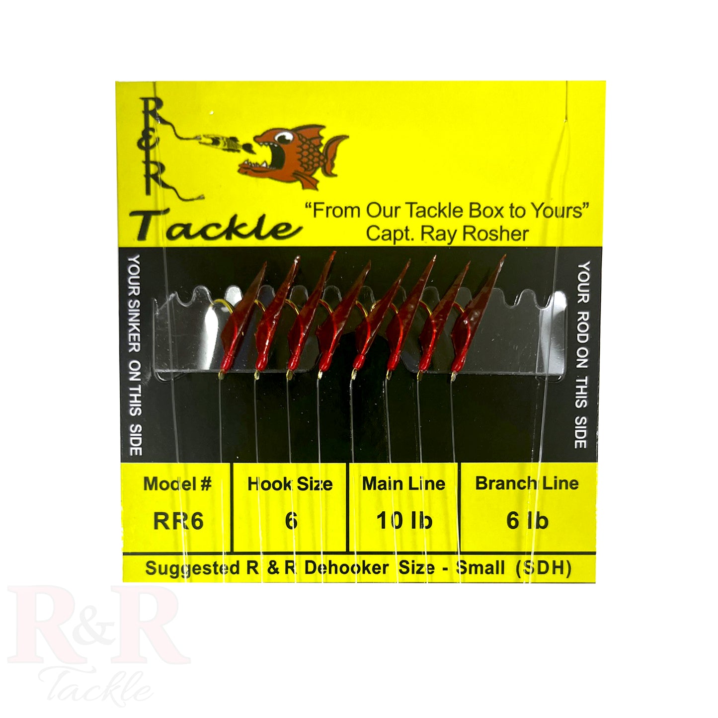 RR 6 Mono Bait Rig - with red skin & red heads - R&R Tackle Co. | Premium Saltwater Fishing Tackle. R&R Tackle RR bait rig with 8 red fish skin hooks on 10lb monofilament main line
