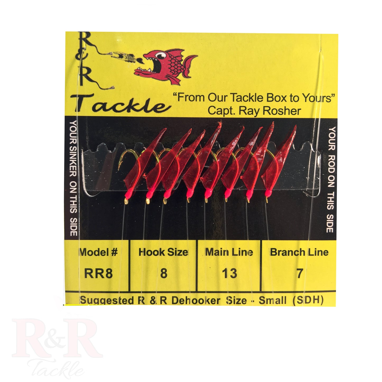 RR 8 Mono Bait Rig - with red skin & red heads - R&R Tackle Co. | Premium Saltwater Fishing Tackle. Close-up of red head hook with lifelike red fish skin on monofilament bait rig