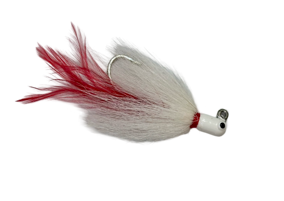R&R Tackle Co. | Premium Saltwater Fishing Tackle. R&R Tackle bucktails are hand tied with a white head, red collar, white body and red feather tail, with a Mustad hook.