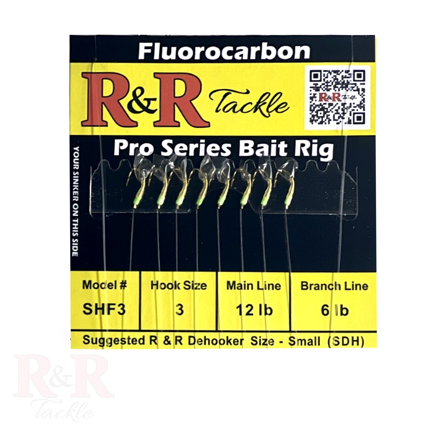 SHF 3 - R&R Tackle Co. | Premium Saltwater Fishing Tackle. R&R Tackle SHF Pro Series shrimp bait rig with 8 hooks, green head, and lifelike shrimp body for saltwater bait fishing.