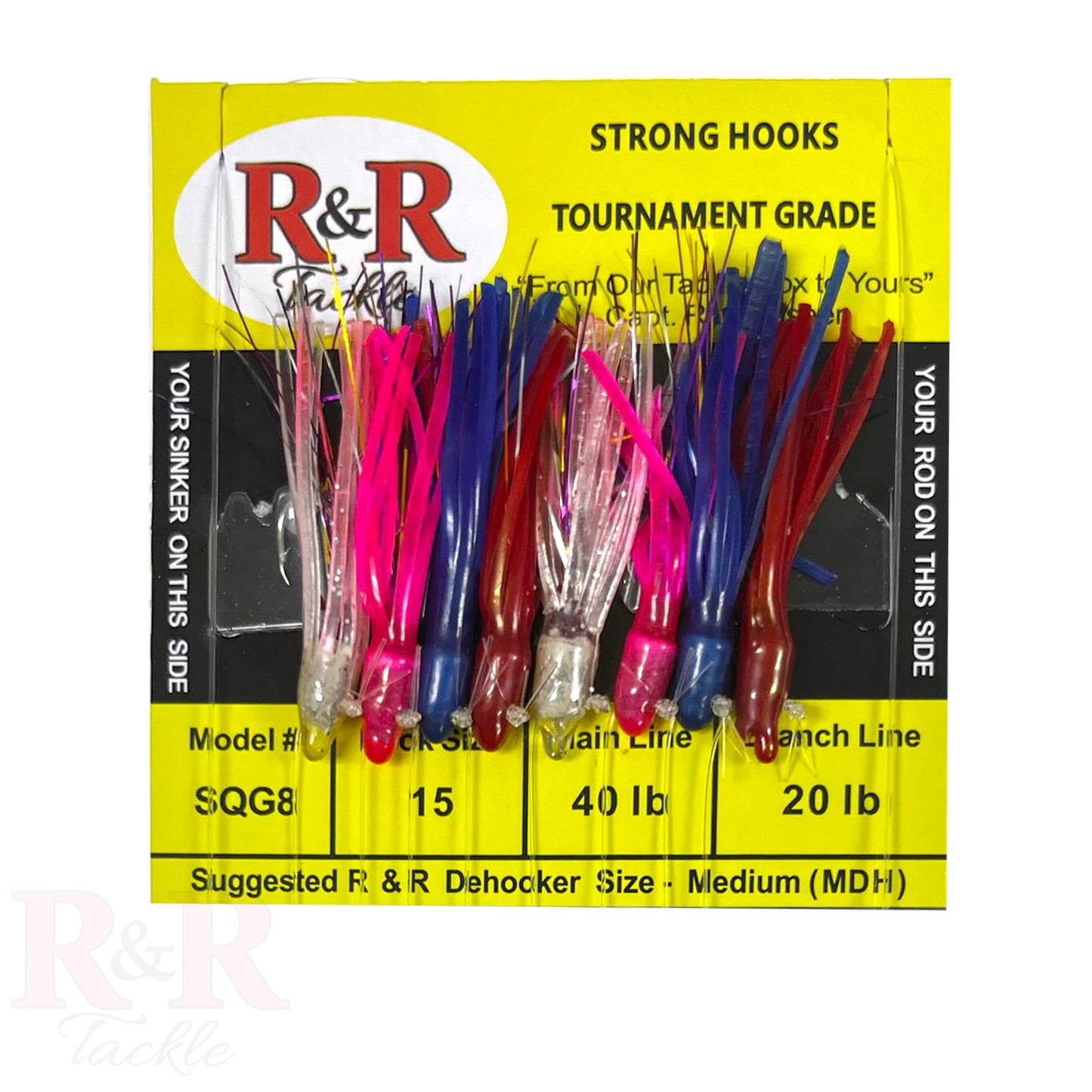 SQG8 Bait Rig - 8 (size 15) hooks with weighted multi-color squids - R&R Tackle Co. | Premium Saltwater Fishing Tackle. 40lb main line and 20lb branch lines on multi-color squid bait rig, ready for offshore use