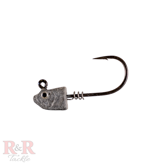 1/2 oz Jighead - R&R Tackle Co. | Premium Saltwater Fishing Tackle. A close-up of a 1/2 oz jighead featuring a screwlock that securely holds the bait in place, preventing it from ripping off. The jighead is specifically designed to fit R&R Tackle Minnow tails, providing a reliable and sturdy setup for fishing.
