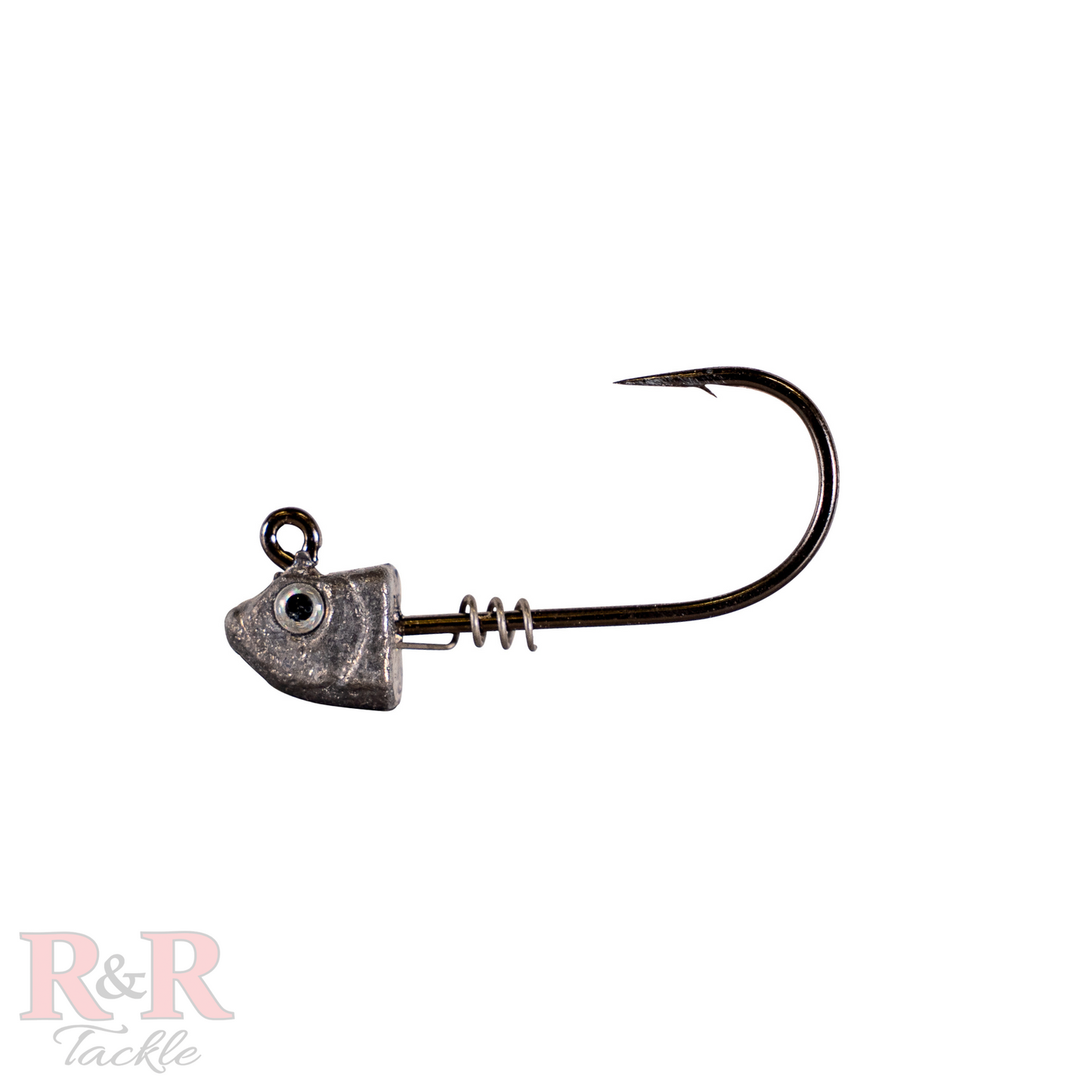 3/8 oz Jighead - R&R Tackle Co. | Premium Saltwater Fishing Tackle. A close-up of a 3/8 oz jighead with a screwlock design that securely anchors the bait, preventing it from slipping off. This jighead is engineered to fit perfectly with R&R Tackle Minnow tails, offering a dependable and durable solution for fishing setups.
