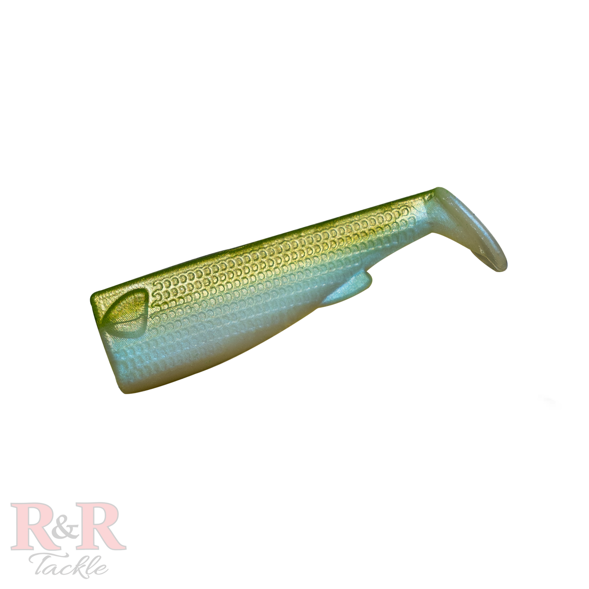 3_SlideBaitTail-Olive-R&R Tackle Co. | Premium Saltwater Fishing Tackle. These tails are handmade, painted, and coated with a transparent finish to withstand the challenges of saltwater and big predators.