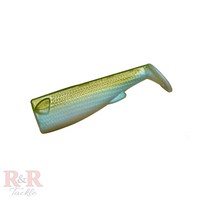 3_SlideBaitTail-Olive-R&R Tackle Co. | Premium Saltwater Fishing Tackle. These tails are handmade, painted, and coated with a transparent finish to withstand the challenges of saltwater and big predators.