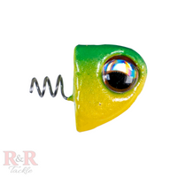 3" SlideBait Jighead- Avocado- R&R Tackle Co. | Premium Saltwater Fishing Tackle. Unique through-line design for increased effectiveness and durability. The jighead screws onto the soft plastic tail, preventing damage and extending the life of the lure. 