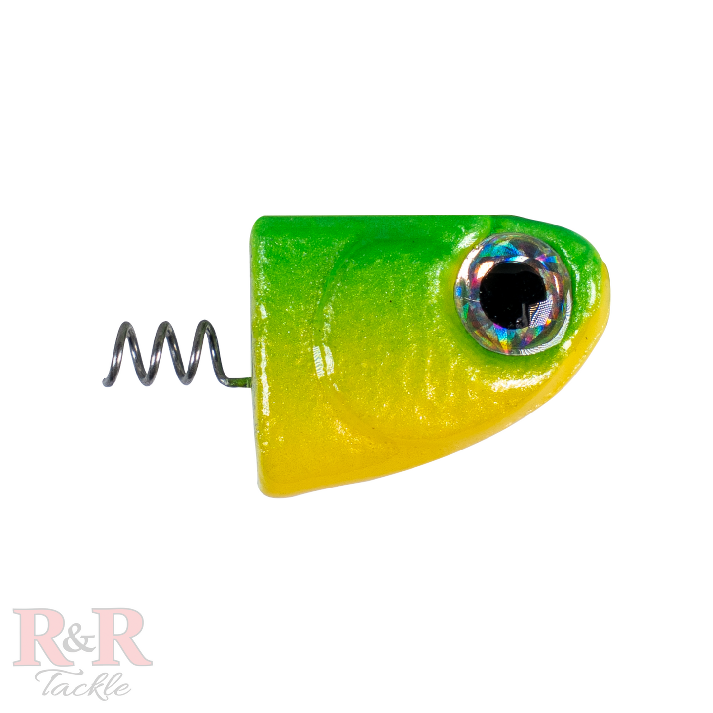 3" SlideBait Jighead- Avocado- R&R Tackle Co. | Premium Saltwater Fishing Tackle. Unique through-line design for increased effectiveness and durability. The jighead screws onto the soft plastic tail, preventing damage and extending the life of the lure. 