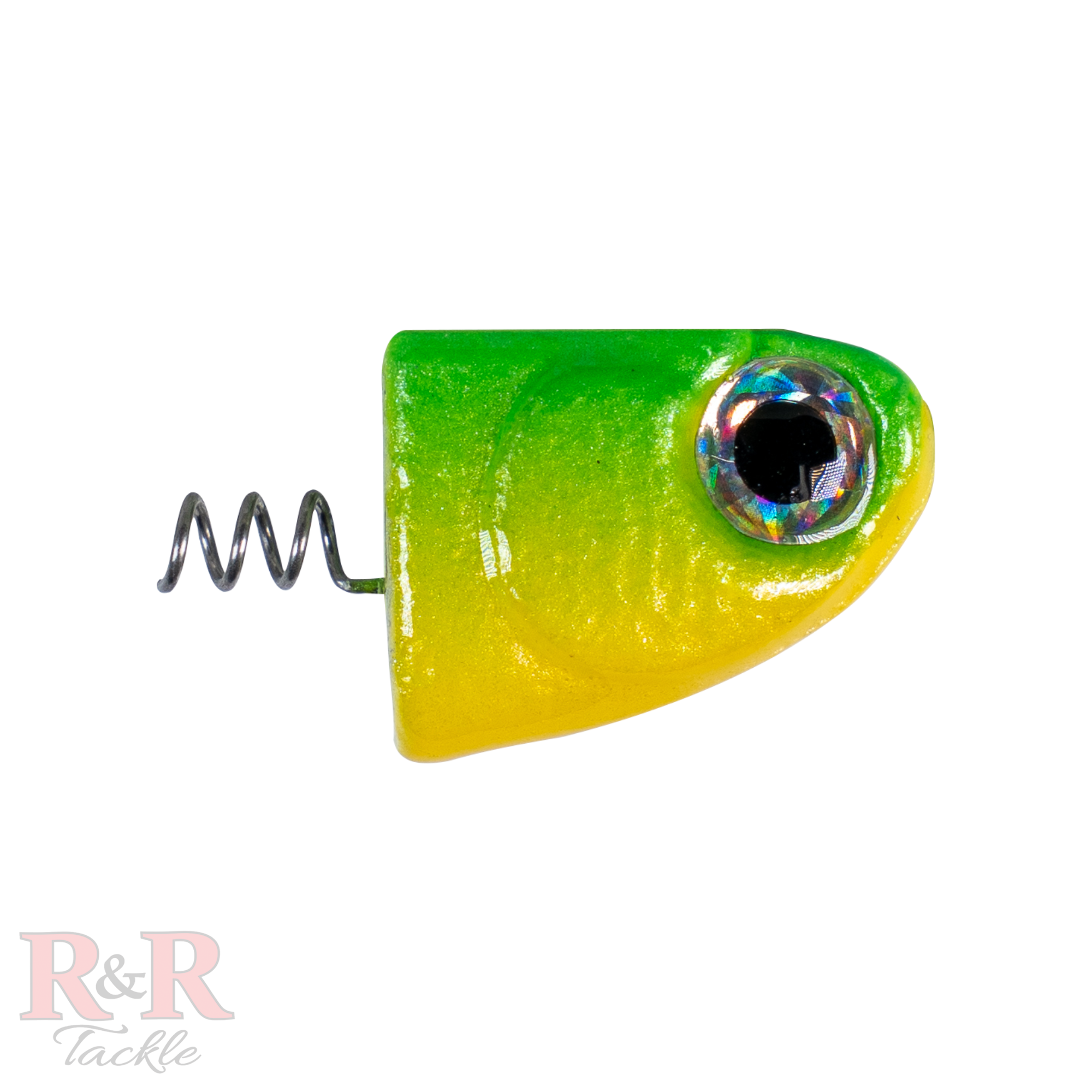 3" SlideBait Jighead- Avocado- R&R Tackle Co. | Premium Saltwater Fishing Tackle. Unique through-line design for increased effectiveness and durability. The jighead screws onto the soft plastic tail, preventing damage and extending the life of the lure. 