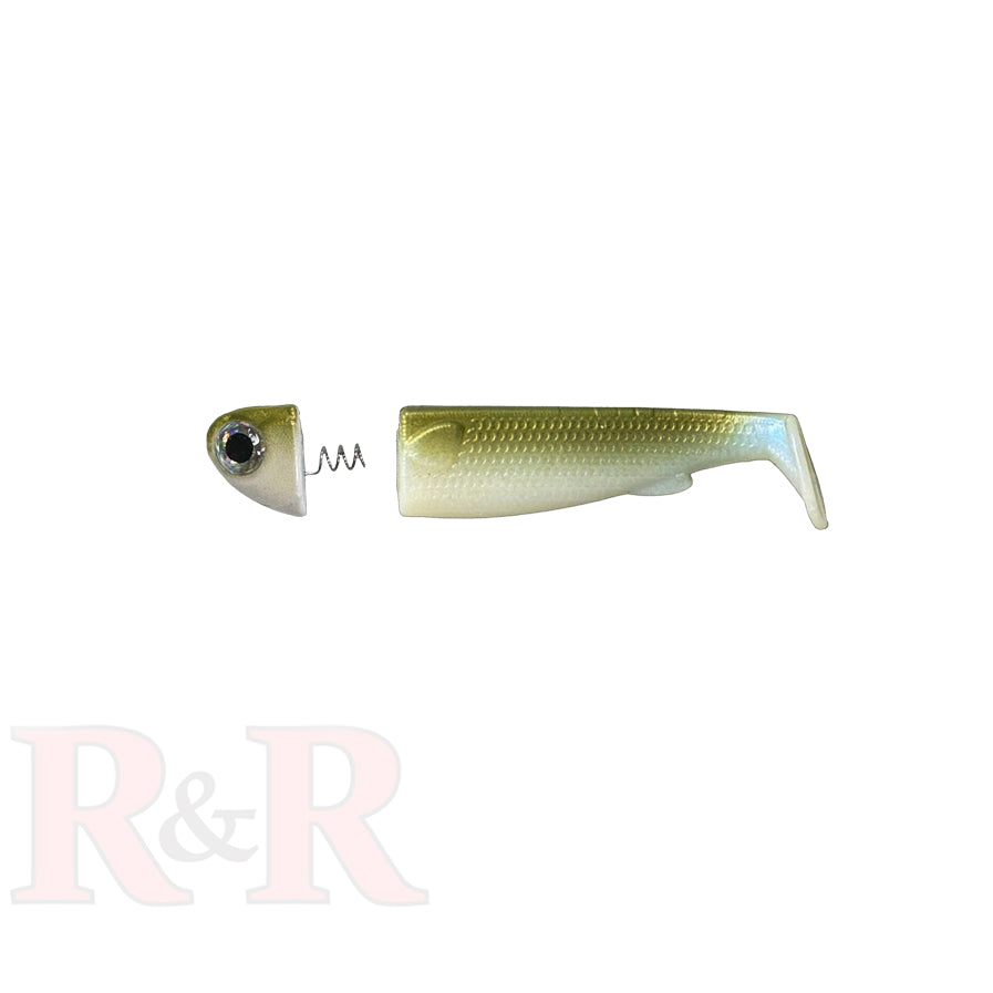 3_SlideBait_olive-R&R Tackle Co. | Premium Saltwater Fishing Tackle. Includes: 3 Slidebait Jigheads with 4/0 Black Nickel 2x Strong Short Shank Hooks, 4 Hand-injected soft plastic Slidebait Tails, perfectly designed to screw onto the jigheads