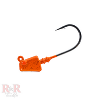 R&R Tackle Shrimp Jig Head 3in, tangerine, Mustad black nickel hook 2x strong, 0.75 OZ 