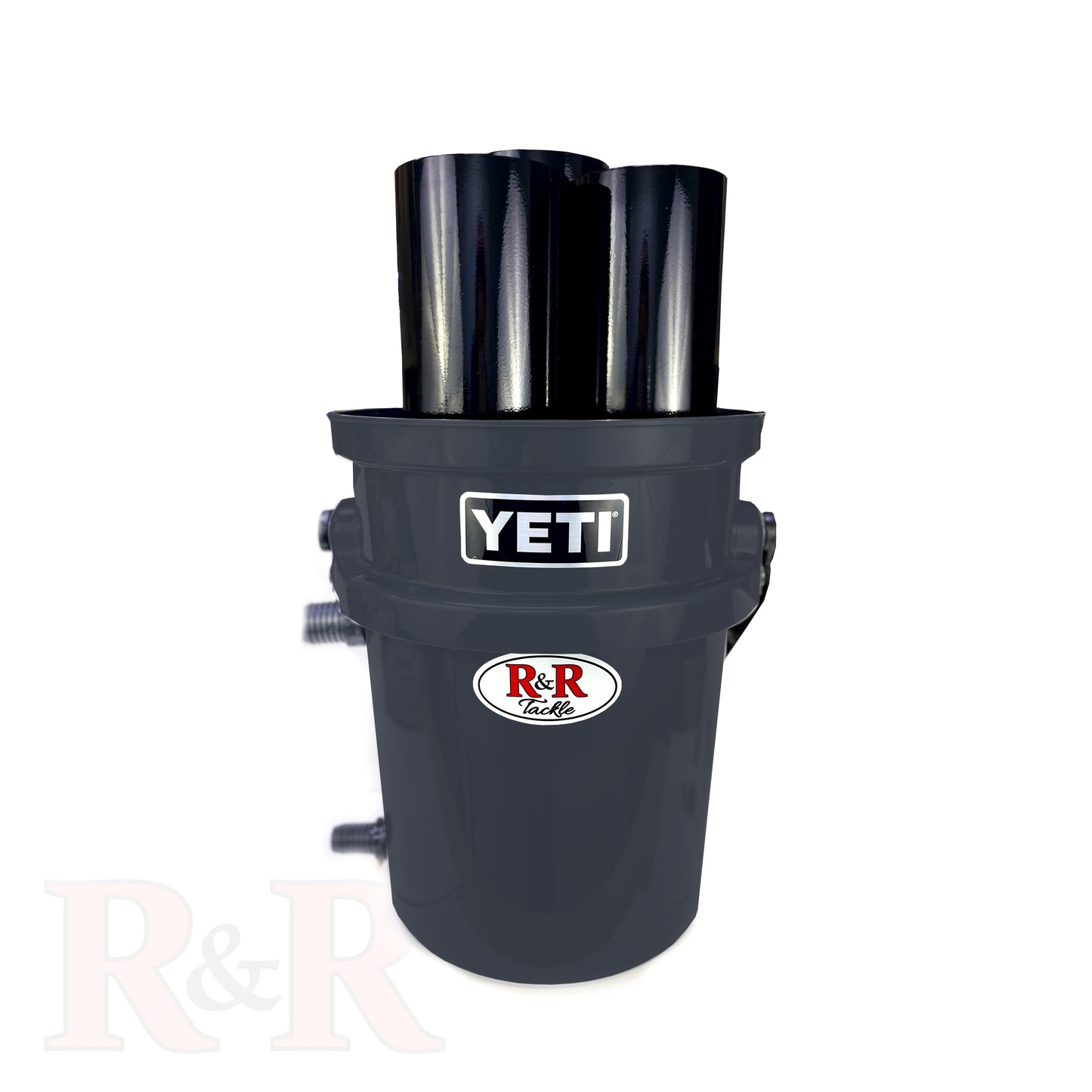 3_hole_bucket_tube R&R Tackle Co. | Premium Saltwater Fishing Tackle.  Innovative Live Bait Bucket Tube system with 4 tubes in a single bucket, designed to hold Bonitos, Blue Runners, and large baitfish for catching Wahoo, Marlin, and pelagics. Each 23-inch oval tube prevents tangles and keeps baits fresh. Keeps baits alive for up to 16 hours. Created by Ray Rosher, Captain of Miss Britt Charter boats in Miami, and now used worldwide for various species, from inshore to offshore fishing.