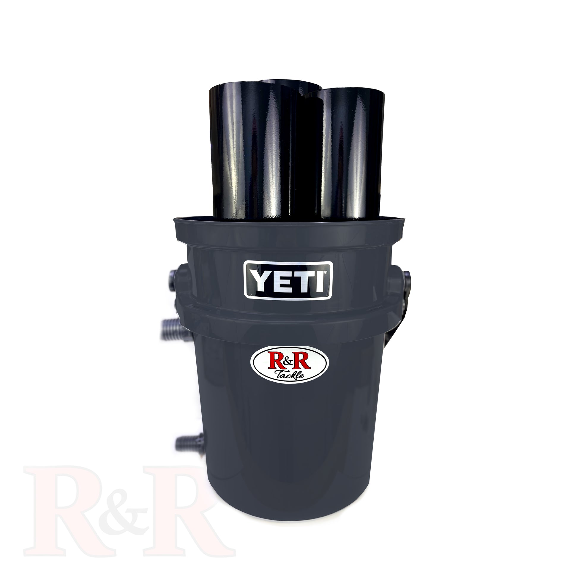 3_hole_bucket_tube R&R Tackle Co. | Premium Saltwater Fishing Tackle.  Innovative Live Bait Bucket Tube system with 4 tubes in a single bucket, designed to hold Bonitos, Blue Runners, and large baitfish for catching Wahoo, Marlin, and pelagics. Each 23-inch oval tube prevents tangles and keeps baits fresh. Keeps baits alive for up to 16 hours. Created by Ray Rosher, Captain of Miss Britt Charter boats in Miami, and now used worldwide for various species, from inshore to offshore fishing.