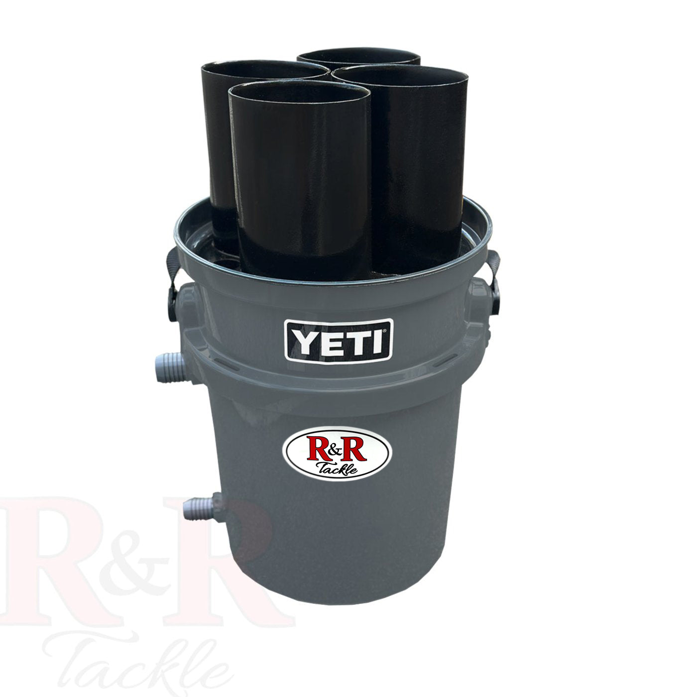 4_hole_bucket_tube R&R Tackle Co. | Premium Saltwater Fishing Tackle.  Innovative Live Bait Bucket Tube system with 4 tubes in a single bucket, designed to hold Bonitos, Blue Runners, and large baitfish for catching Wahoo, Marlin, and pelagics. Each 17-inch oval tube prevents tangles and keeps baits fresh. Keeps baits alive for up to 16 hours. Created by Ray Rosher, Captain of Miss Britt Charter boats in Miami, and now used worldwide for various species, from inshore to offshore fishing.