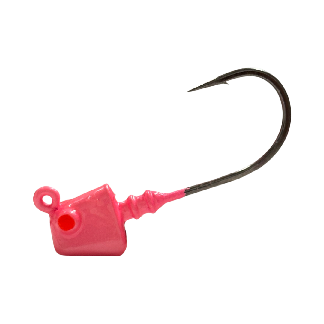 4inShrimp_Jig_Flamingo- R&R Tackle Co. | Premium Saltwater Fishing Tackle. Built with Mustad Black Nickel 2X Strong hooks, these jigheads offer superior strength, reliable penetration, and long-lasting durability in tough saltwater environments.