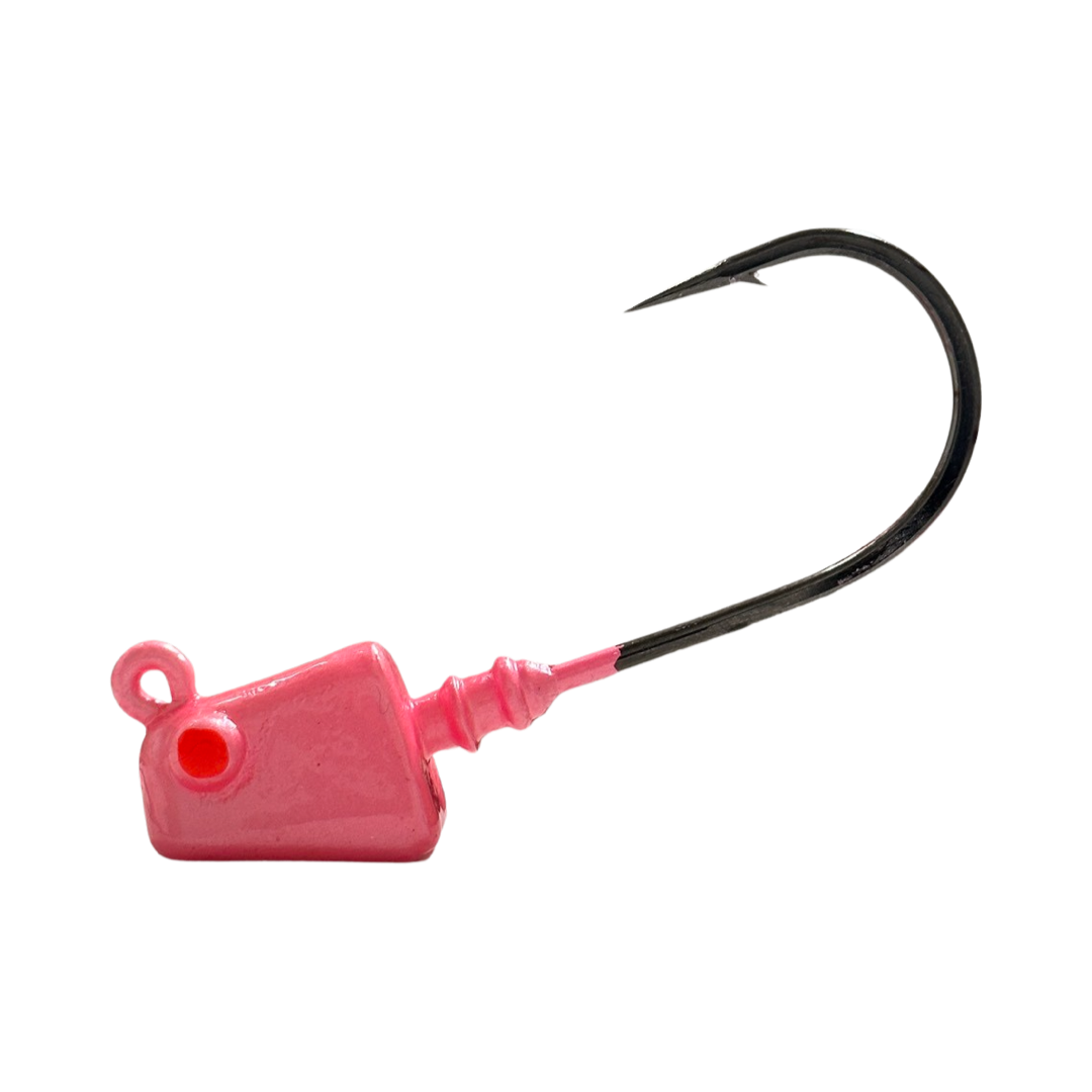 4inShrimp_Jig_Flamingo- R&R Tackle Co. | Premium Saltwater Fishing Tackle. Built with Mustad Black Nickel 2X Strong hooks, these jigheads offer superior strength, reliable penetration, and long-lasting durability in tough saltwater environments.