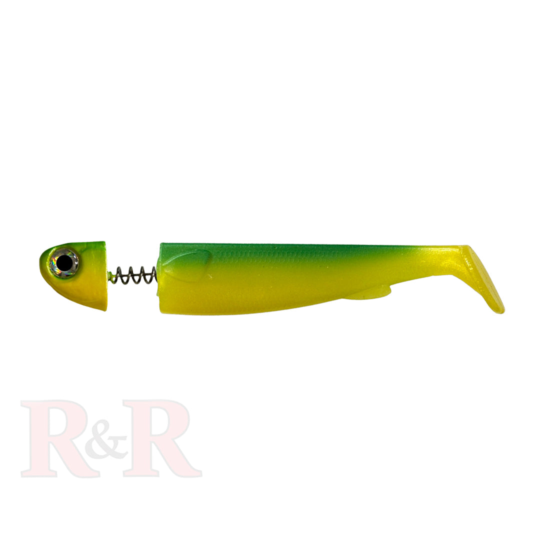 5" SlideBait -avocado-R&R Tackle Co. | Premium Saltwater Fishing Tackle. R&R Tackle presents a fully rigged bait, ready to cast — just tie your line and slide the hook through. This set includes the perfect combination of our popular 5'' Slidebait Jigheads and 5''Slidebait Tails, designed to deliver maximum performance from the very first cast.