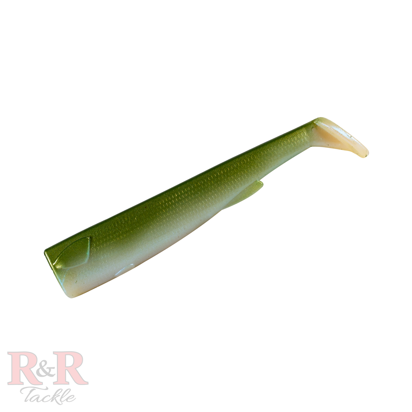 6_SlideBait_Tail_olive- R&R Tackle Co. | Premium Saltwater Fishing Tackle. 2 tails per pack, perfect for enhancing your performance on every fishing trip.