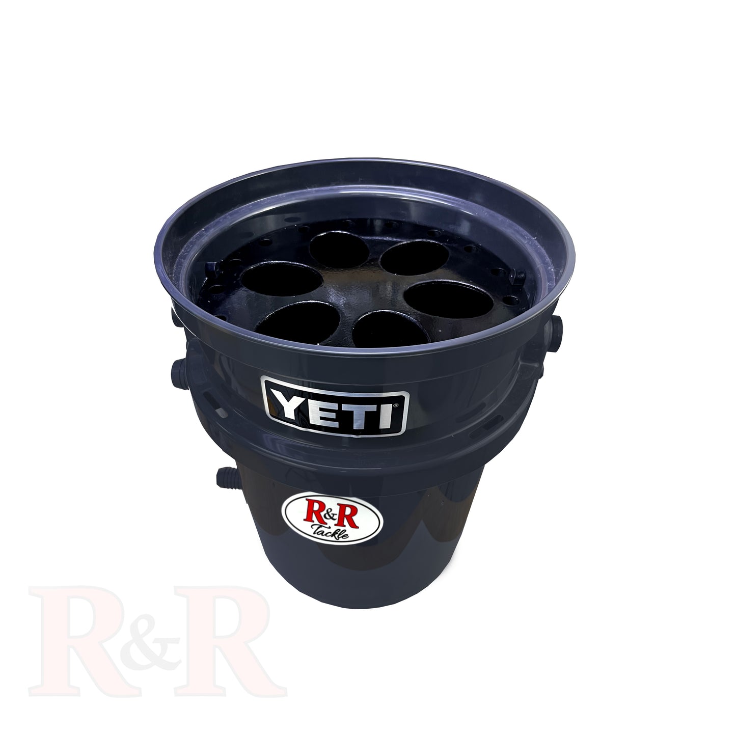 6_hole_bucket_tube_R&R Tackle Co. | Premium Saltwater Fishing Tackle. Innovative Live Bait Bucket Tube system with 6 tubes in a single bucket. Designed for smaller baits such as herring, pilchards, blue runners, Spanish sardines, small mackerel, each 12-inch oval tube prevents tangles and keeps the baits fresh. Keeps baits alive for up to 16 hours. Created by Ray Rosher, Captain of the Miss Britt Charter boats in Miami, now used worldwide for various species, from inshore to offshore fishing.