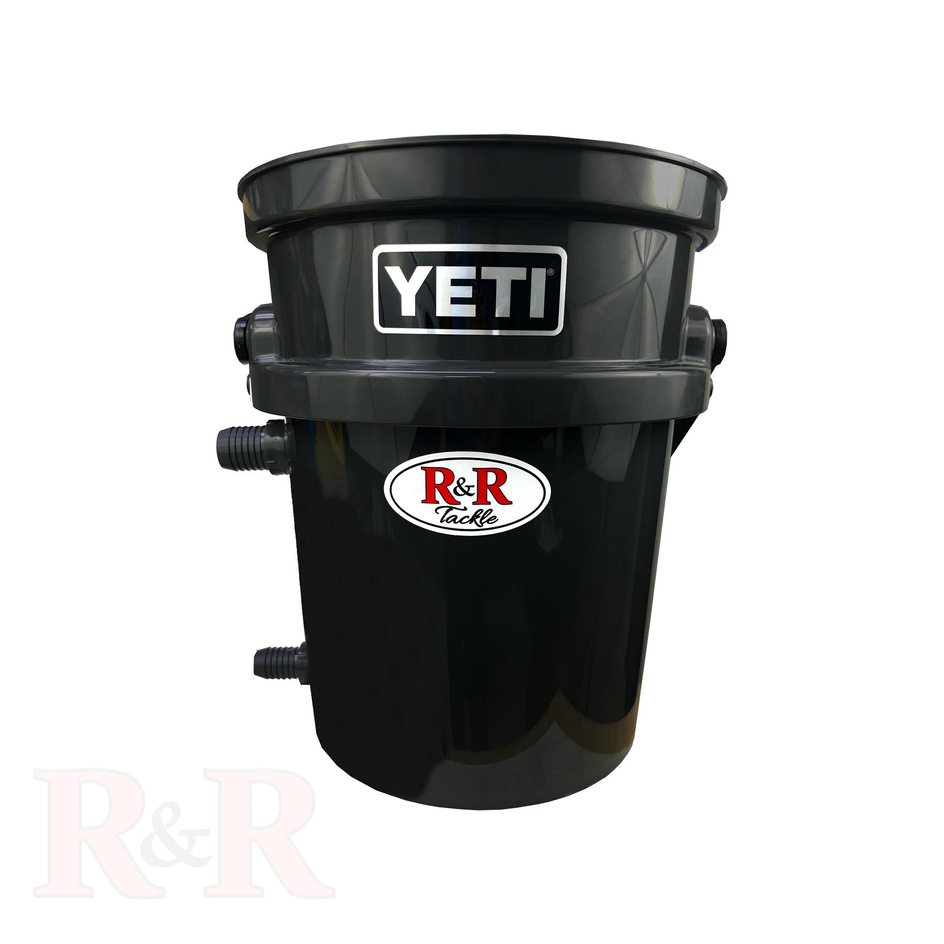 6_hole_bucket_tube_R&R Tackle Co. | Premium Saltwater Fishing Tackle. Innovative Live Bait Bucket Tube system with 6 tubes in a single bucket. Designed for smaller baits such as herring, pilchards, blue runners, Spanish sardines, small mackerel, each 12-inch oval tube prevents tangles and keeps the baits fresh. Keeps baits alive for up to 16 hours. Created by Ray Rosher, Captain of the Miss Britt Charter boats in Miami, now used worldwide for various species, from inshore to offshore fishing.